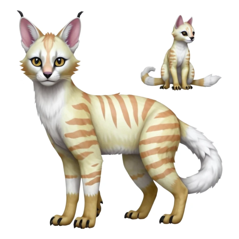 Realistic Colorful pale light fruity pastel white glorious iridescent exotic albino neon vibrant zigzagged fantasy-caracal-civet-genet-sergal-vernid-Gryphon-Cacomistle-Trico-oncilla-animal-Fakémon-hybrid-fursona (full body), facial markings, (realism style) sticker