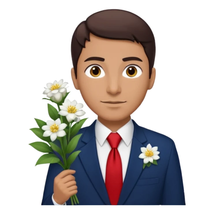 Homme avec bouquet fleurs blanches, avec uniforme bleu foncé cravate rouge, arabe raie sur le coté, brun un peu bronzé et yeux marrons  sticker