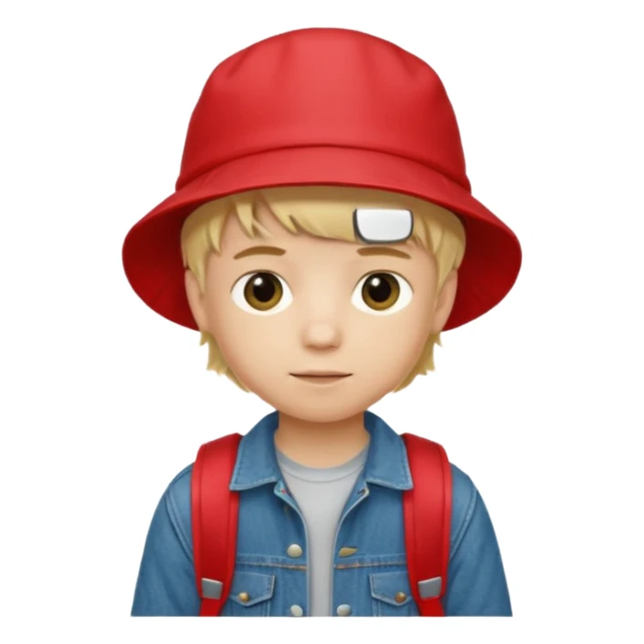 A little boy student, blonde hair, with red bucket hat, jean jacket, backpack sticker