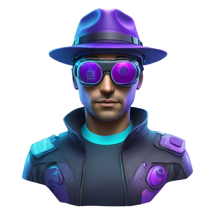 Secret human agent in a hat with  cyberpunk elements in Apple VR googles headset scanning looking reviewing multicolor lines of code, cyan and purple colors, only upper body portrait sticker
