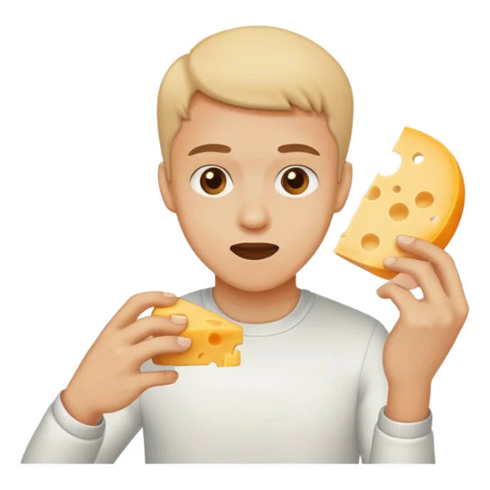 a person, that is swating, trying to eat a piece of cheese sticker