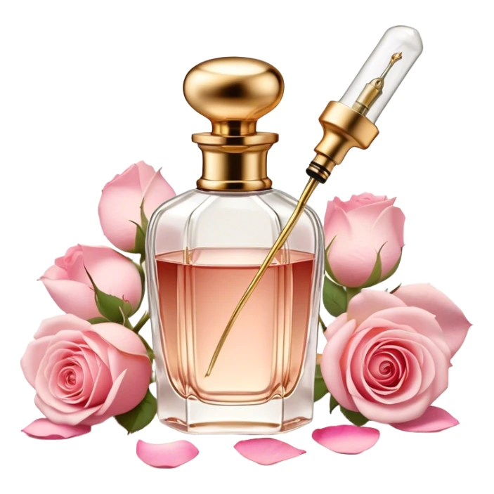 A vintage perfume bottle with a golden atomizer, surrounded by soft pink rose petals. sticker
