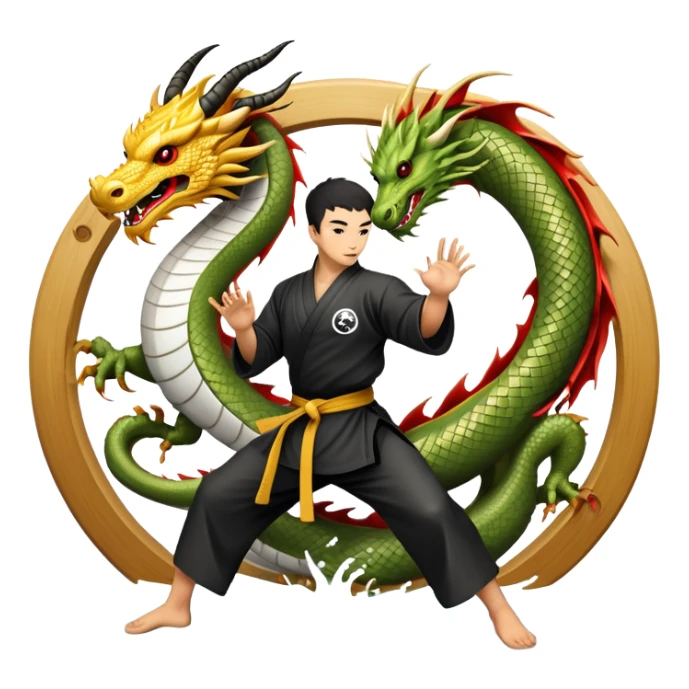 An icon symbolizing Eastern martial arts in the style of an emblem, featuring a black-and-white Yin-Yang symbol and a dragon at the center. A martial artist is performing a fluid kick, surrounded by elements like a dojo and bamboo. Transparent background highlights balance and power. sticker