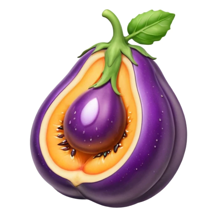 Eggplant with white liquid coming out the top being inserted into a peach sticker