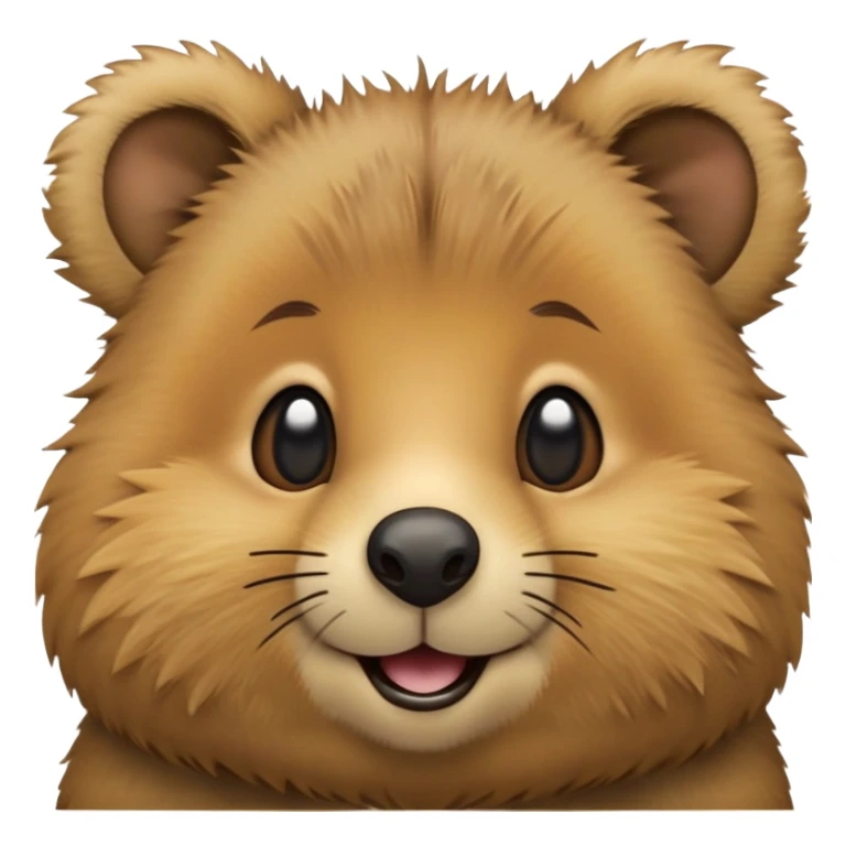 cinematic-realistic quokka-emoji,-small-round-frame, head tilted in an endearing manner, comical smile, giant-fluffy-cheeks-large-smile-fluffy-brown-fur-radiating-a-warm-softness,-big-round-eyes-filled-with-joy, realisticround  fluffy zoomed in, large black eyes sticker