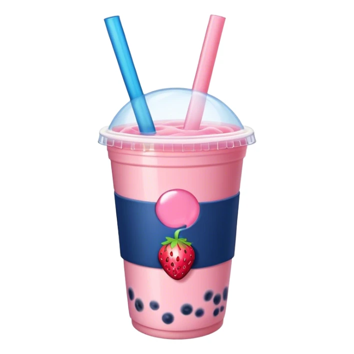 Pink Bubble tea with strawberry and with dark blue logo on the butter “BUBBLE” sticker