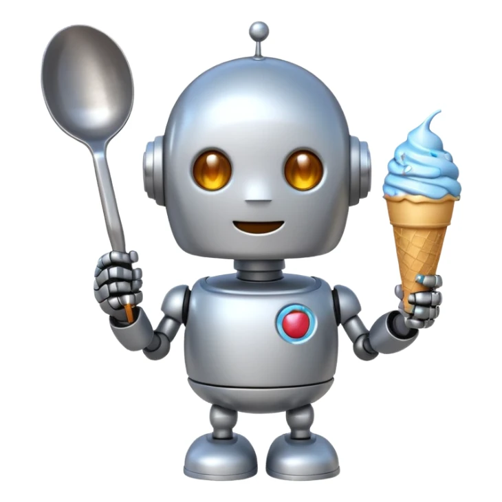 The cute robot is holding dessert in its hands, 3d emoji sticker