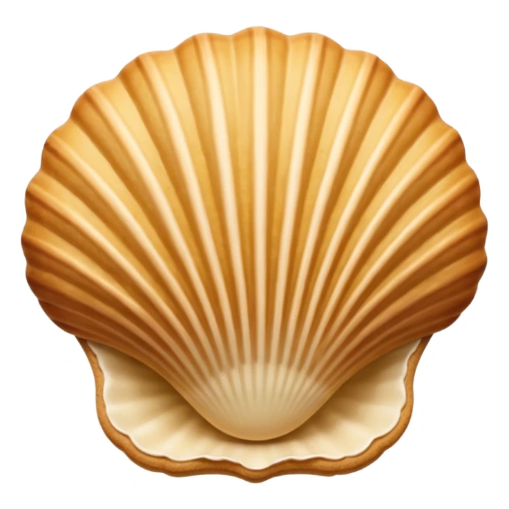 A madeleine pastry. Oval seashell shape with ONLY four to five vertical lines going in the same direction. Light golden brown. Scalloped edge. Cookie. Flat. Long. Oval shape. Lets scallops. sticker