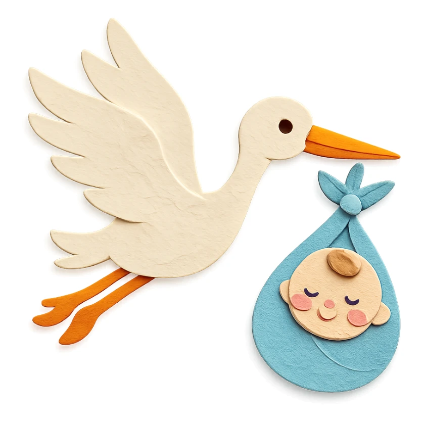 stork flying with a human baby in a bundle, paper craft style sticker