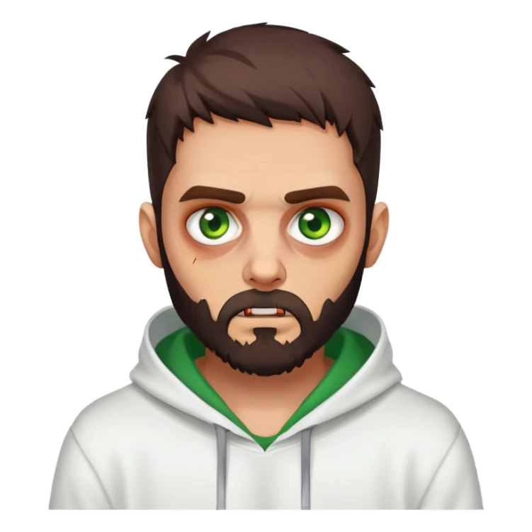zombie making peace sign, undercut hairstyle with dark brown hair, short full beard, heterochromia with one green eye and one brown eye, wearing plain white hoodie sticker