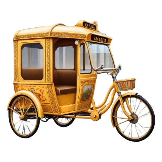 Cyclo rickshaw – Cinematic Realistic Cyclo Rickshaw, depicted as a charming, ornately painted three-wheeled cycle taxi with vintage detailing, set on bustling city streets under dynamic urban lighting that evokes cultural heritage and nostalgic charm. sticker