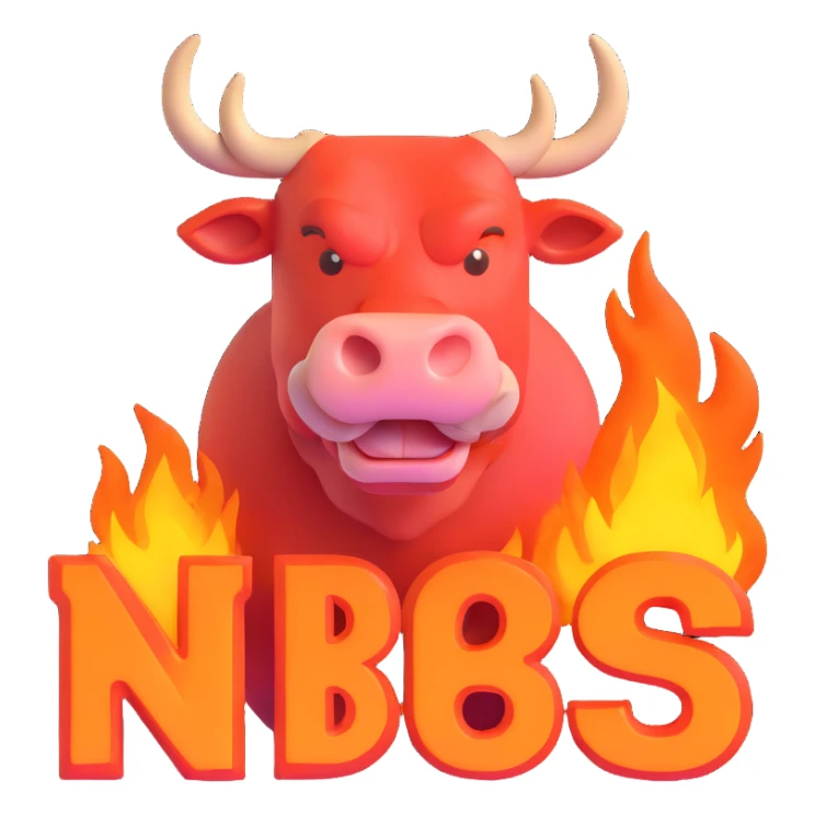 3D bull with the text 'NBS' overlaid, both outlined in fire, transparent background, suitable for Discord emoji sticker