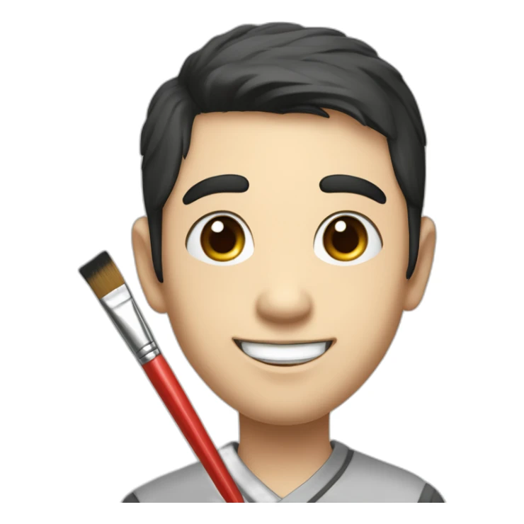 A slightly plump, round-faced, slightly droopy-eyed, cute, dark-haired Japanese brother who is smiling while holding a colored brush and graphite pencil sticker