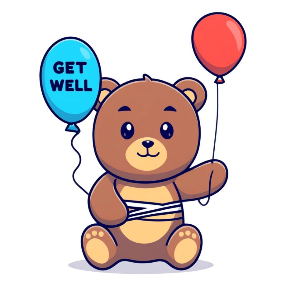 Cute teddy bear with a bandage holding a get well balloon sticker