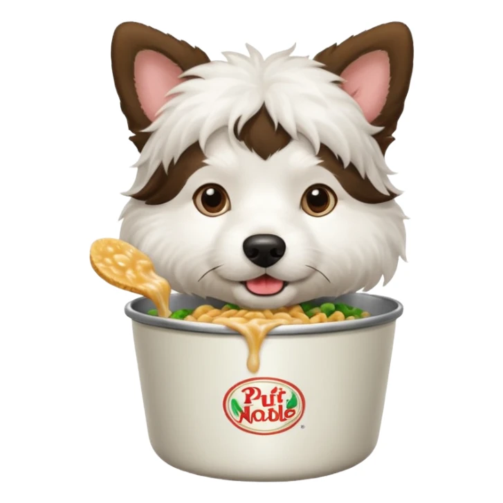 a brunette white wooly dog eating a pot noodle sticker
