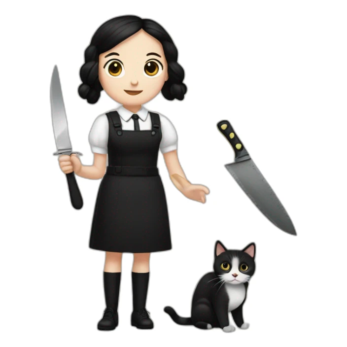 wednesday adams with a cat in right hand and a knife in left hand sticker
