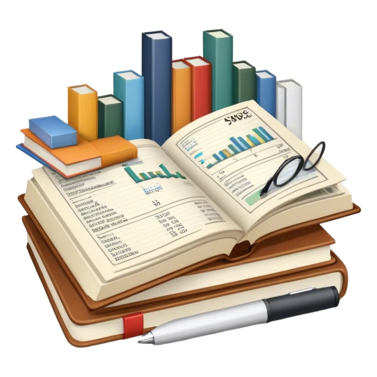 Icon for Business Reading: an open book with graphs, numbers, percentages, formulas, and text on the pages, next to a stack of books, a pile of dollars, a calculator and business magazines like Forbes. Transparent background. sticker
