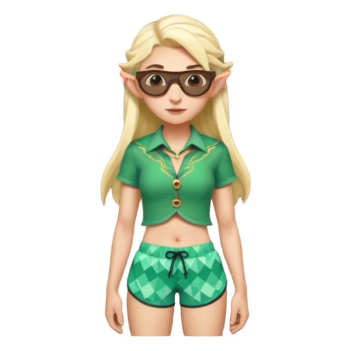 elf female legolas portrait, patterned board shorts (geometric/abstract), unique wooden-framed sunglasses, undercut hairstyle, slight smirk, visible pointy ears, no background, centered emoji, hipster summer vibe coctails  sticker