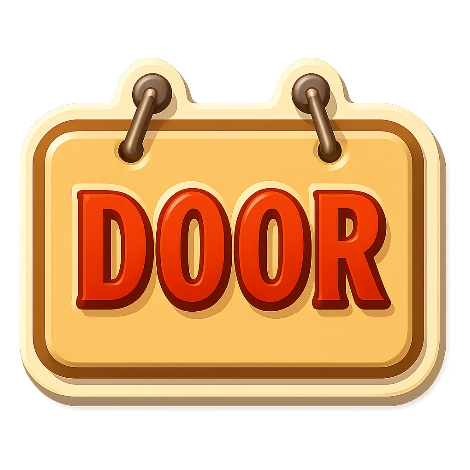 rectangular beige door sign, flat, with light shadows and highlights, retro sticker style, two nails hammered at the top of the sign, transparent background sticker