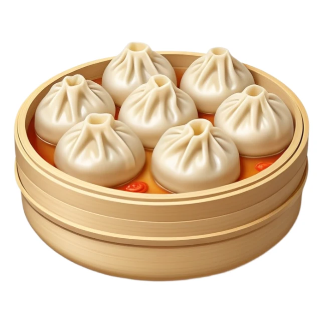 Xiaolongbao soup dumplings with visible soup inside, Chinese dim sum, emoji style sticker