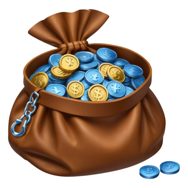 blue coins inside an opened brown money bag  sticker