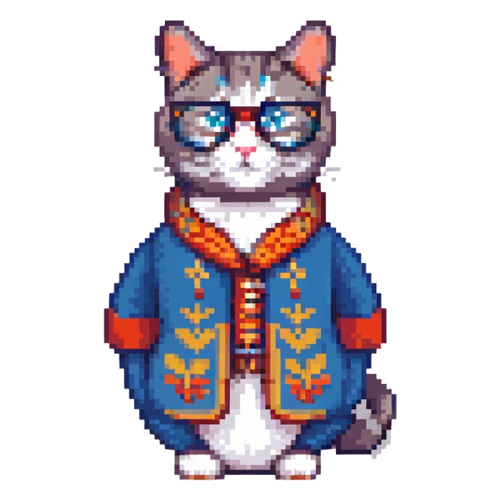 A cat in traditional Russian attire with glasses, retro and blocky. sticker