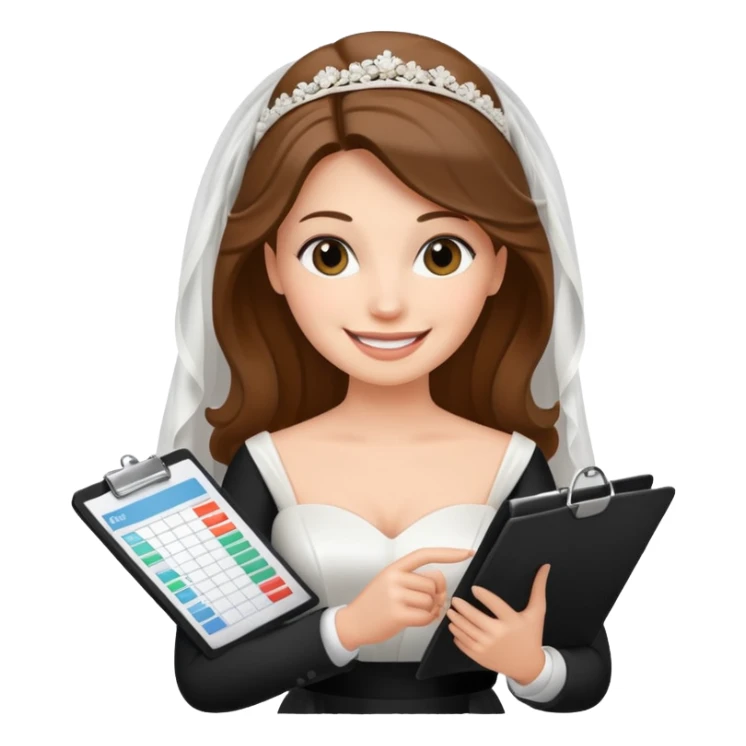 emoji bride holding a checklist spreadsheet, organizing the wedding sticker