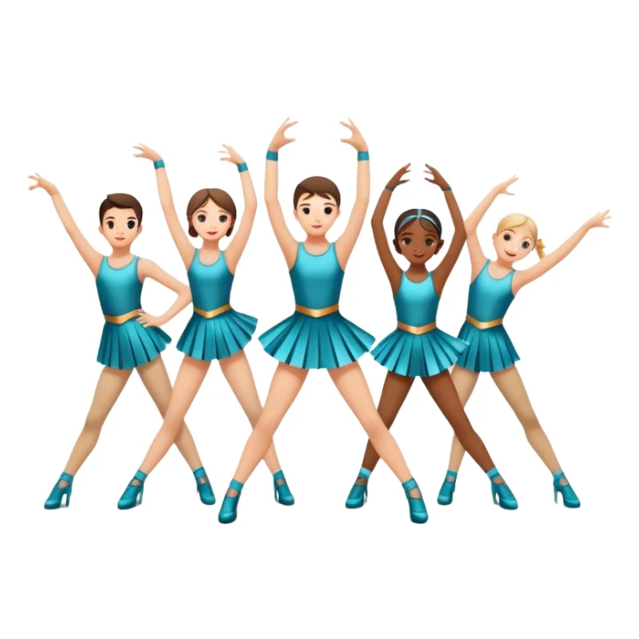 "Icon for Contemporary Dance: a synchronized boys and girls group performance on stage with backup dancers, bright stage lighting, and stylish dance outfits. The icon should capture the energy, precision, and excitement of a modern group dance performance. Transparent background. sticker