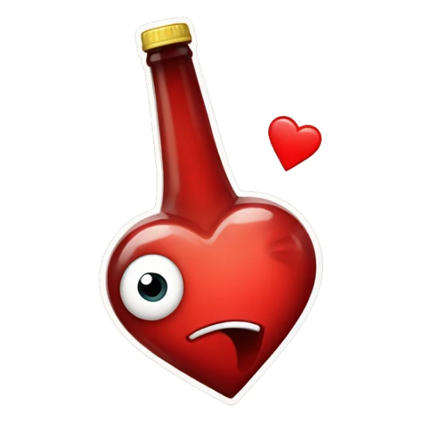A red heart ❤️ with eyes, a mouth, and hands, tipsy and drunk, holding a bottle, looking wobbly and playful sticker