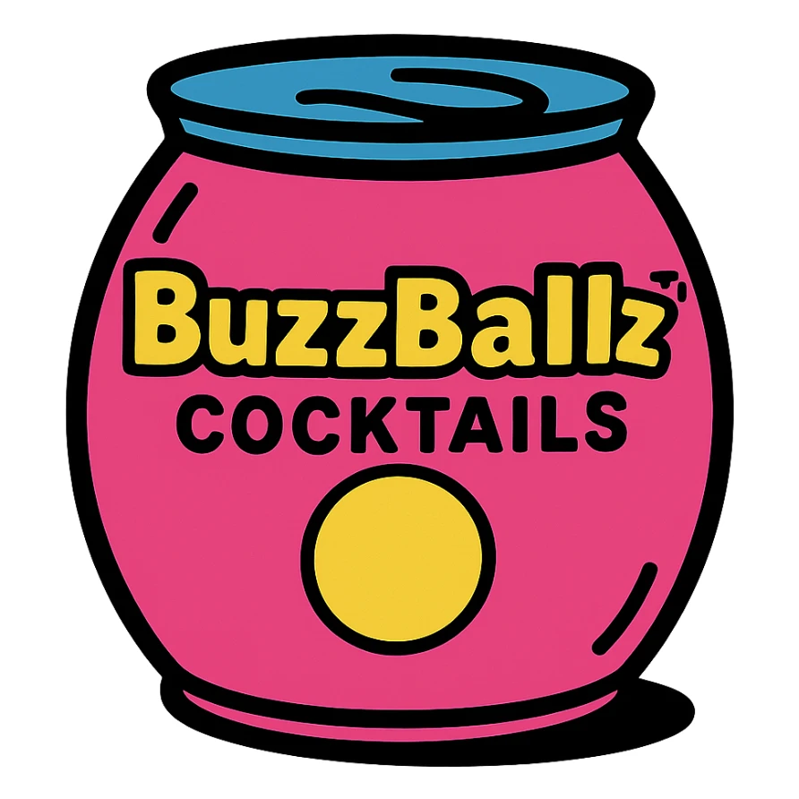 a large pink BuzzBallz cocktail can, playful and bold, with a fun vibe sticker