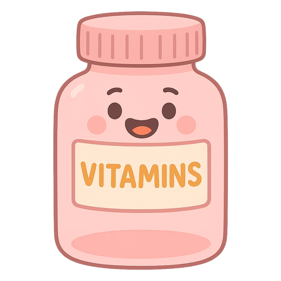 pastel pink vitamin bottle, soft colors, minimal label, gentle lighting, clean and modern style sticker