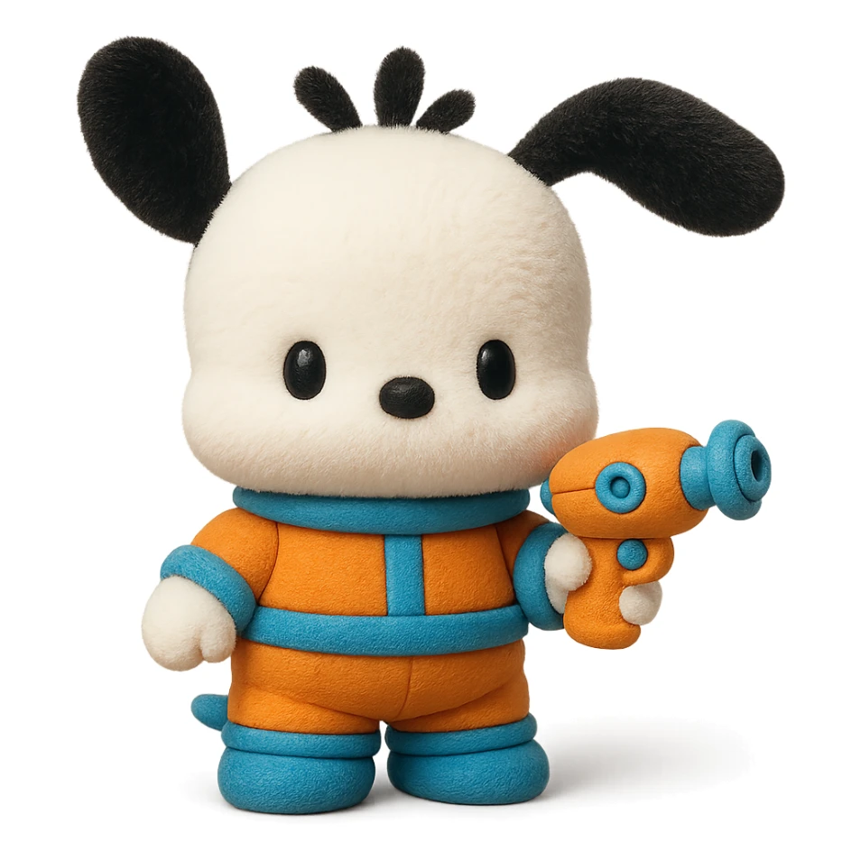 Make Pochacco hold a cute toy gun, keep him white with black ears, orange and blue space suit, plushy Popmart doll style, playful and adorable, no background sticker