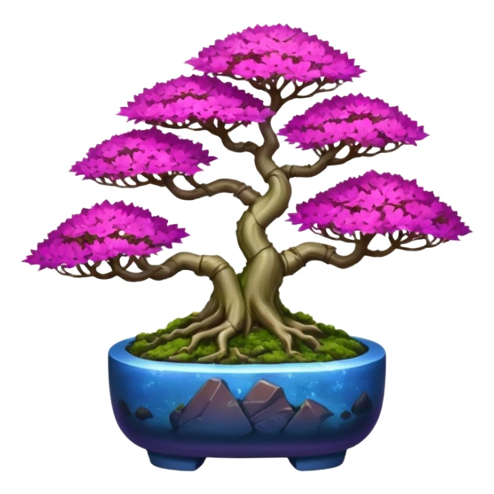 Futuristic wild glowing et alien moss maples Bonsai hair-fine-leaf group crimson crystal azalea purple and cream pink blue informal rocky cliffhanger forest planting in shallow slab style pot  sticker
