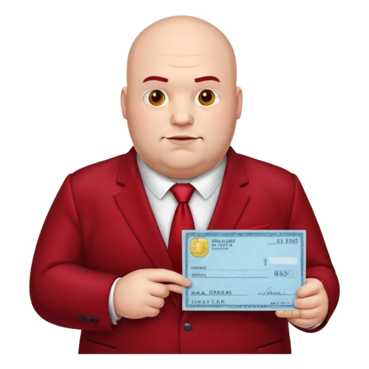 big fat guy bold head in dark red velvet suit holding cheque sticker