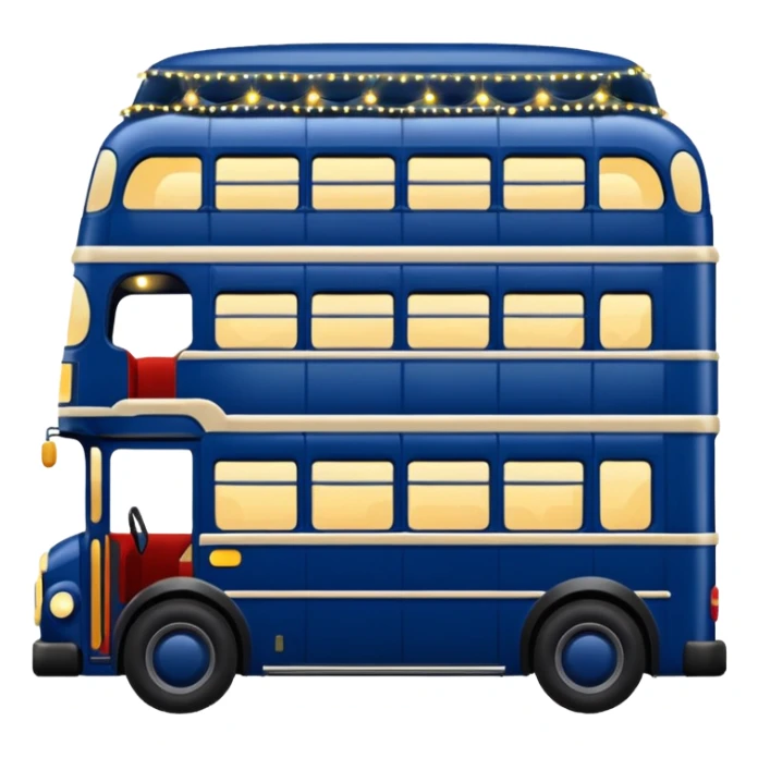 A dark blue double decker bus with cute cosy twinkle lights sticker