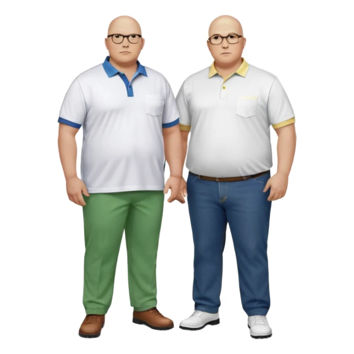 two guys, the first guy is white bald have glases a white dressshirt with rolled up sleeves and green pants he is over weight, The second guy has a yellow skin white golf shirt blue jeans and bald they should stand next to eachother they are both really fat  sticker
