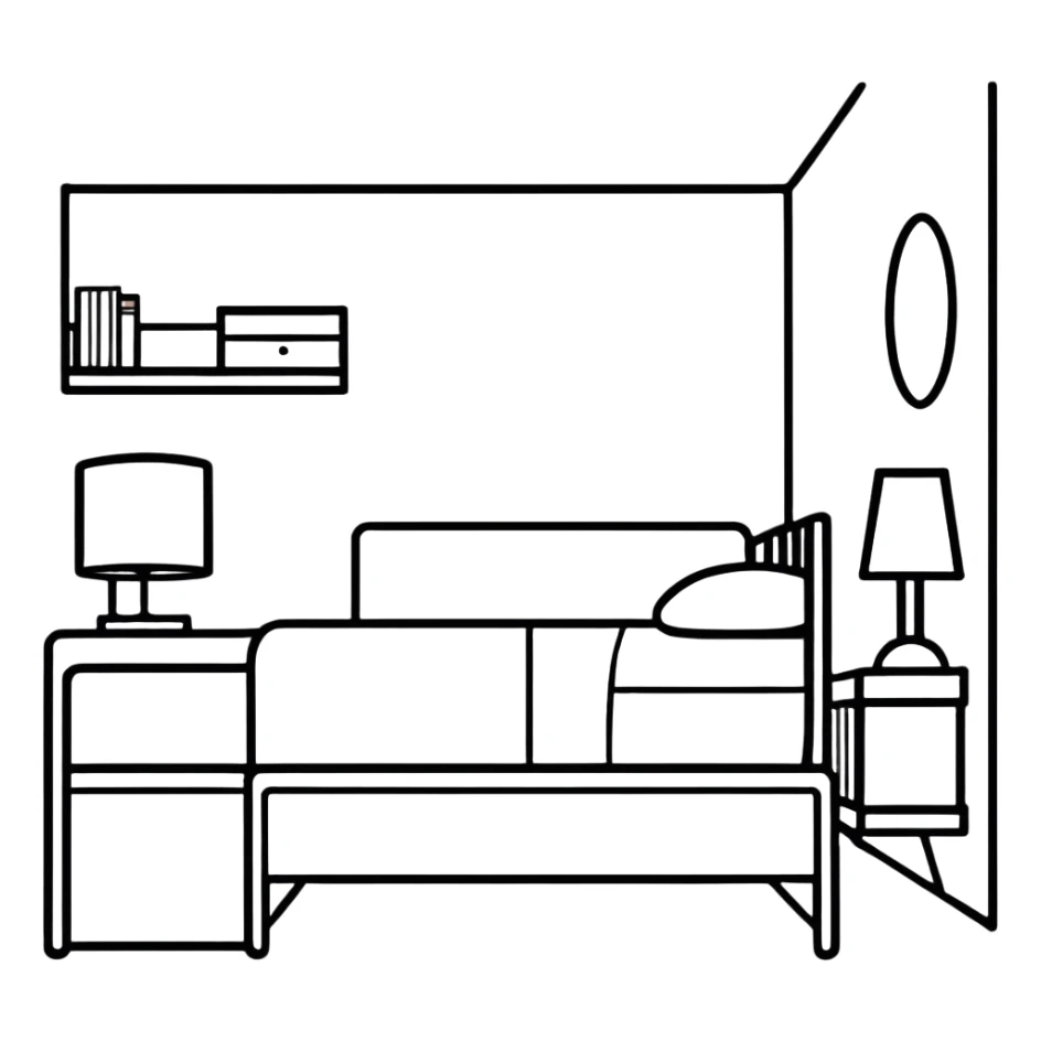 minimalist white teen bedroom with white vanity, white desk, white bed frame, and green plants sticker