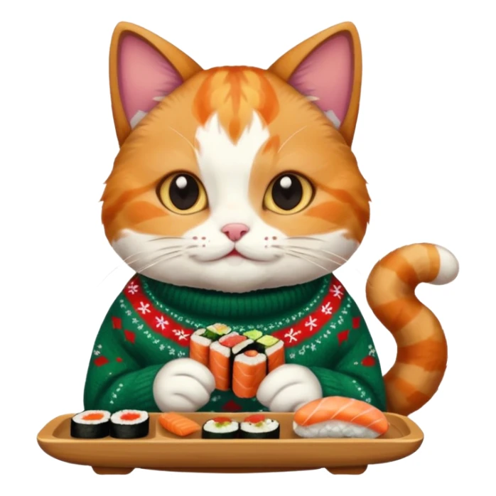 cat wearing a christmas sweater eating sushi sticker