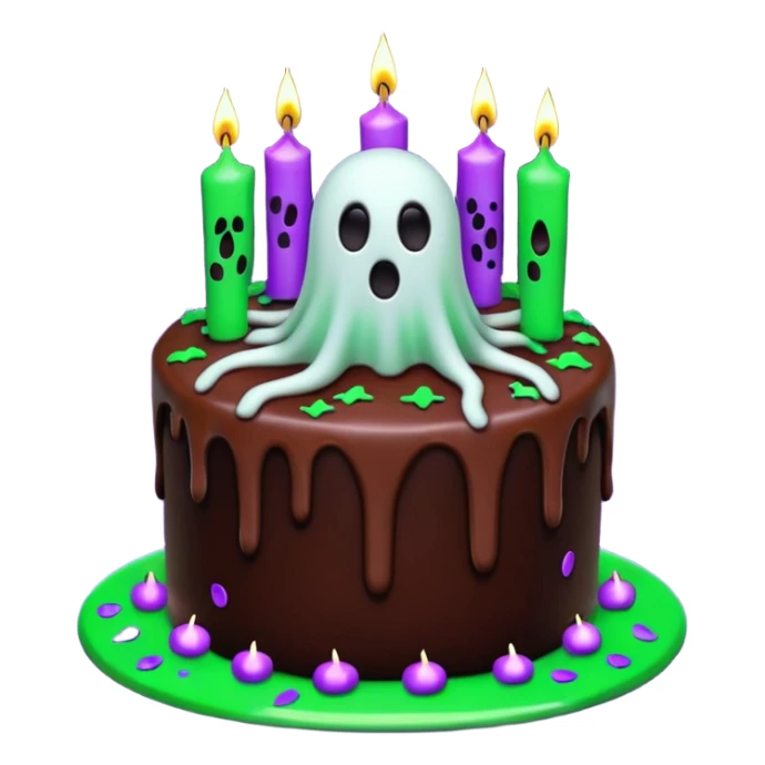Chocolate Halloween cake with ghost floating and spiders on the side crawling with glowing green frosting dripping down the sides with candles on top and purple and black confetti  sticker