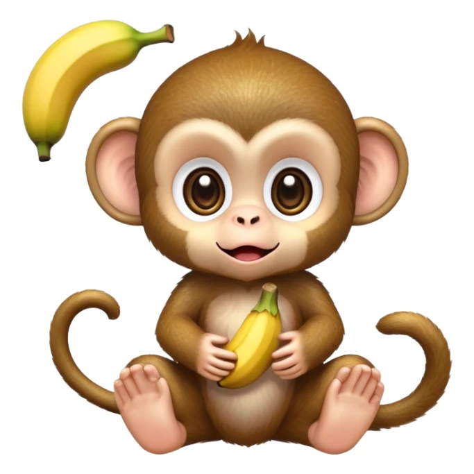 extremely adorable kawaii baby monkey with huge sparkly eyes peeling a banana sticker