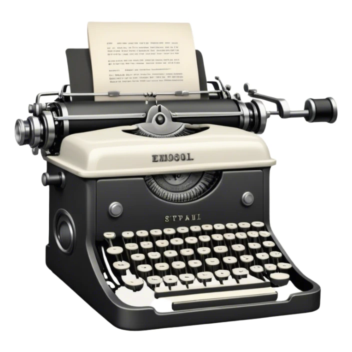 Create an emoji representing screenwriting. The design should feature an open script with visible dialogue and action lines, symbolizing the writing of a screenplay. Include a classic typewriter or a modern writing device, such as a laptop, to signify the process of creating a script. Optionally, add elements like a film reel or director's chair to emphasize the cinematic aspect of screenwriting. Use a professional color palette with black, white, and subtle metallic tones. Do not include any emojis or smiley faces. Make the background transparent. sticker