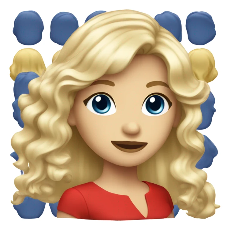 female with long wavy light blonde hair, bangs, dark blue eyes, elegand and classy red dress sticker
