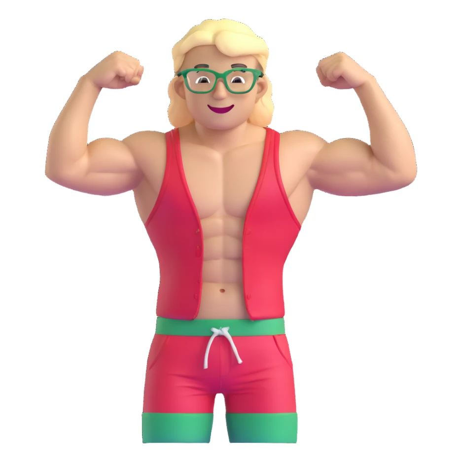 Man with black and white cap, bare torso, red shorts, clear glasses, messy light blond mullet hairstyle, smiling and flexing muscles sticker