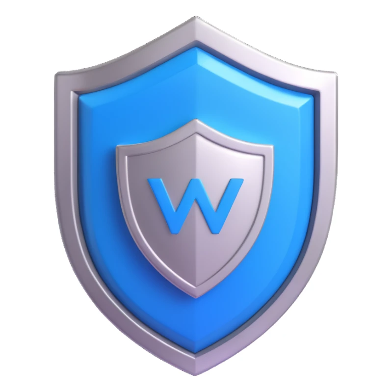 VPN shield icon, 3D style, glossy, blue and silver sticker