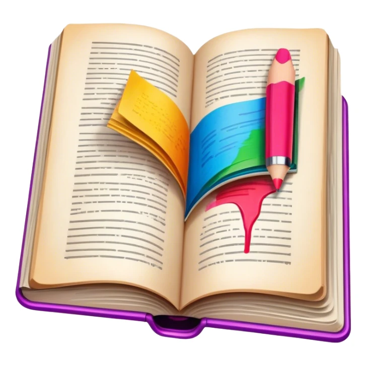 Colorful illustration icon, half-drawn scene in an open book, marker strokes, vivid colors, minimalistic design, book pages with partially completed artwork, transparent background. sticker