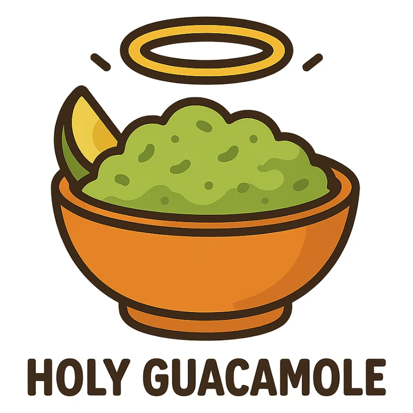 flat toon style holy guacamole, cartoon guacamole bowl with a halo sticker
