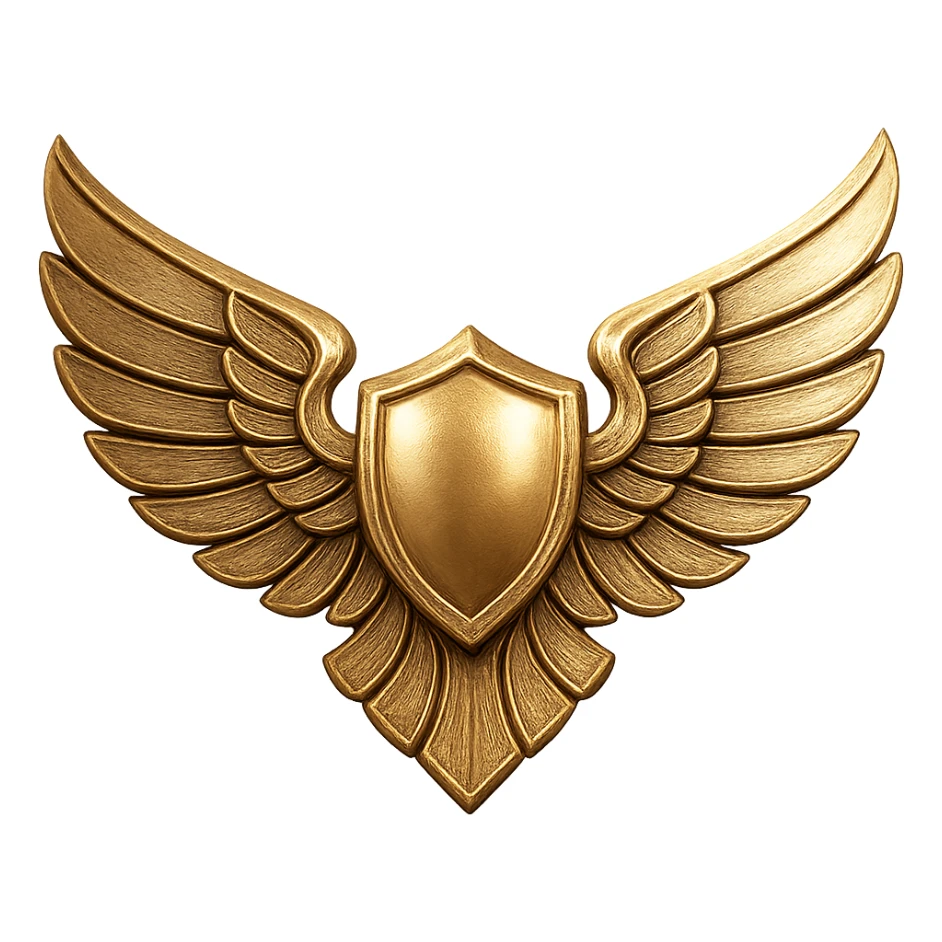 emblem with stylized wings, bold and symmetrical, suitable for a logo, metallic look, no text sticker