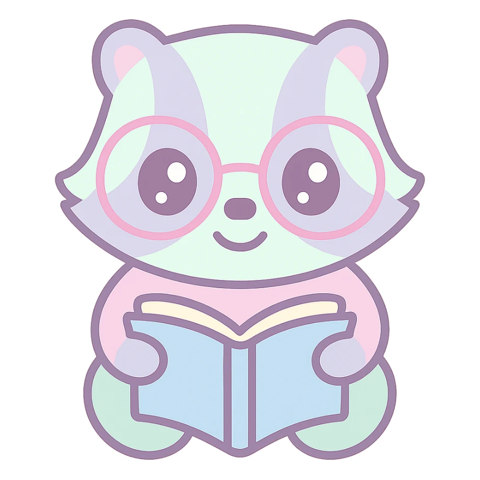 a cute badger with glasses reading a book, kawaii style sticker