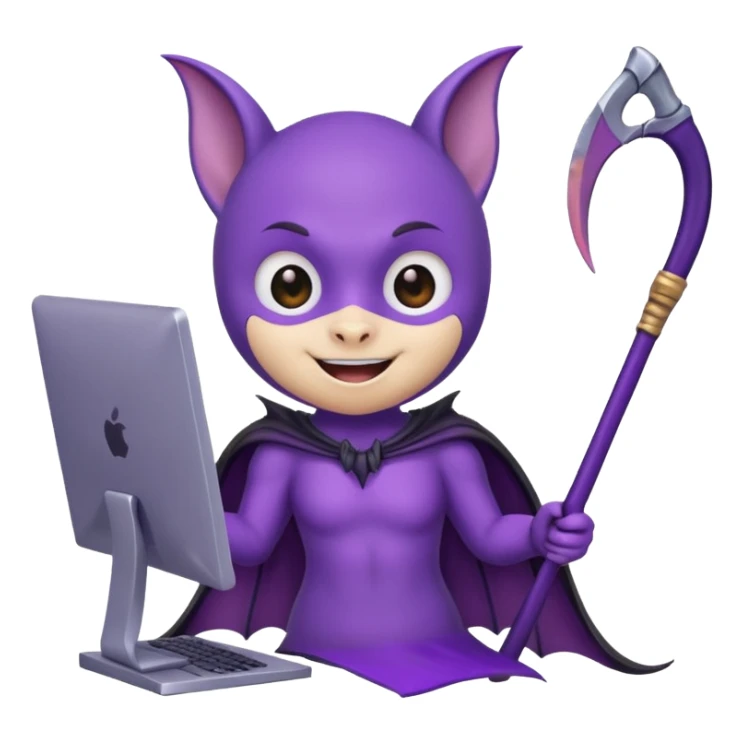 a happy purple bat holding a scythe while sitting in front of her computer sticker