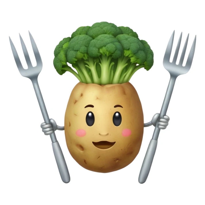 potato body with broccoli for a head holding a pitchfork  sticker